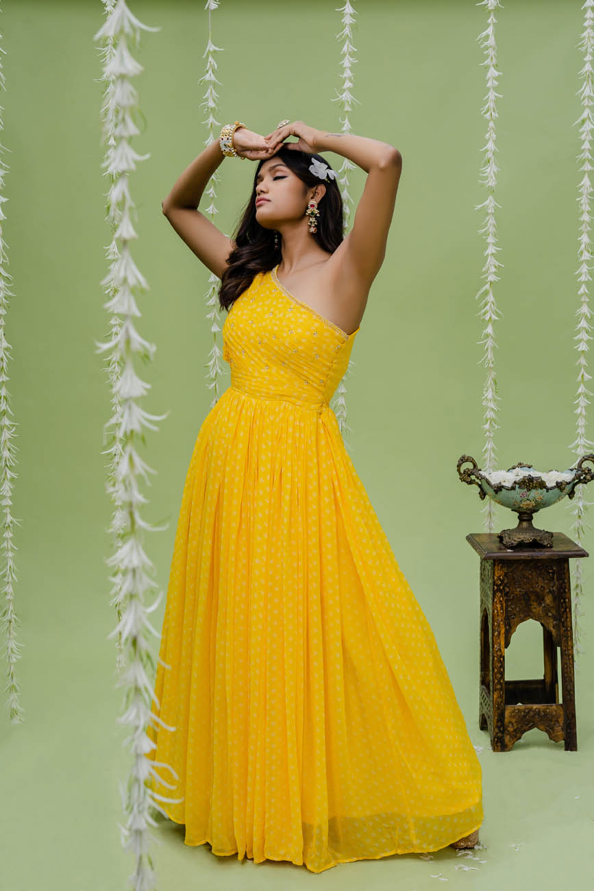 Embroidered Printed Sunny Yellow Gown